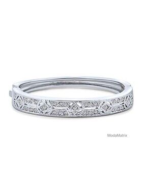 Art Deco CZ Filigree Bangle Bracelet Rhodium Plated Brass Bridal Jewelry